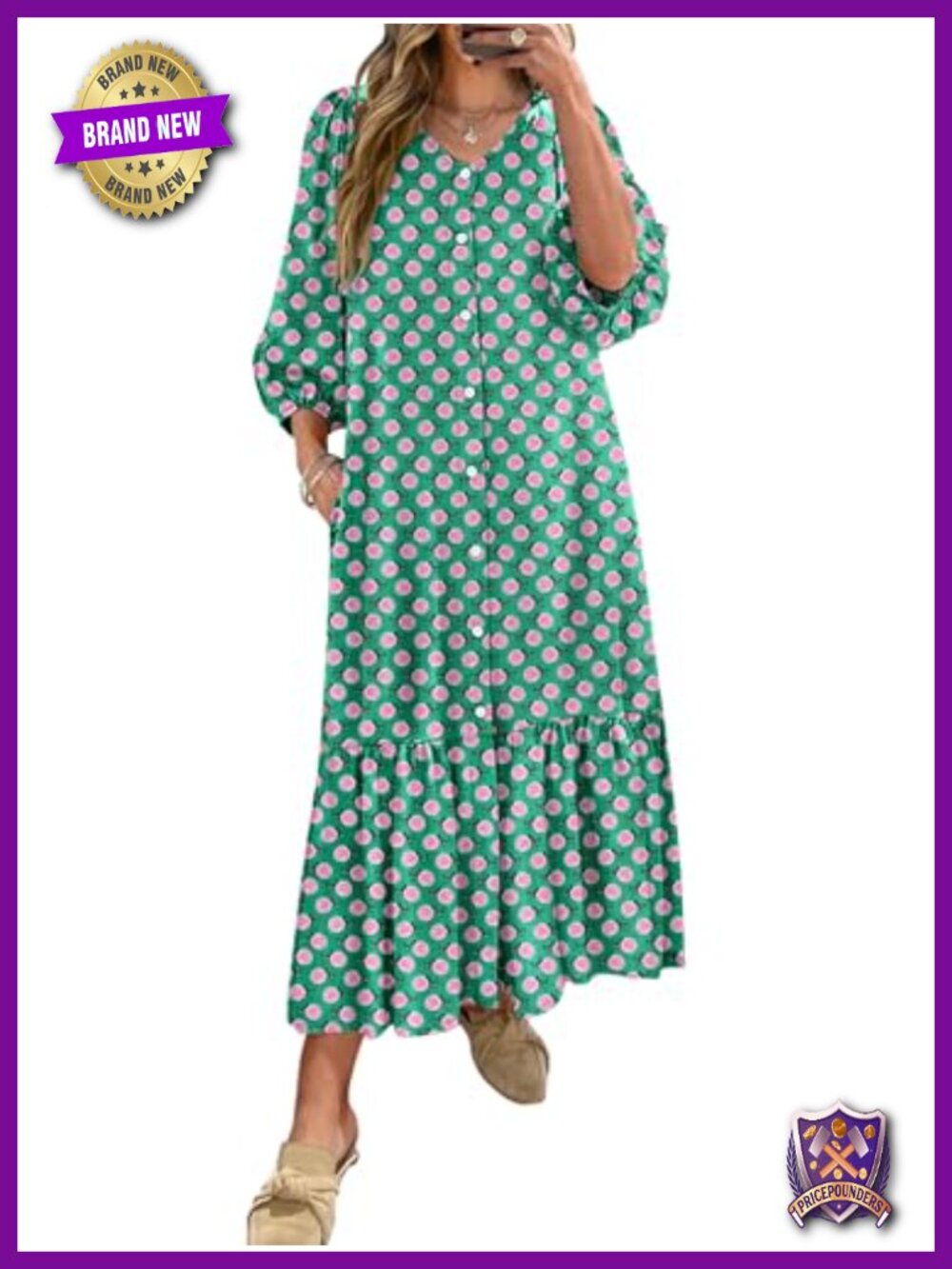 Boho Maxi Dress with Puff Sleeves and Pockets Flowy Summer Dress